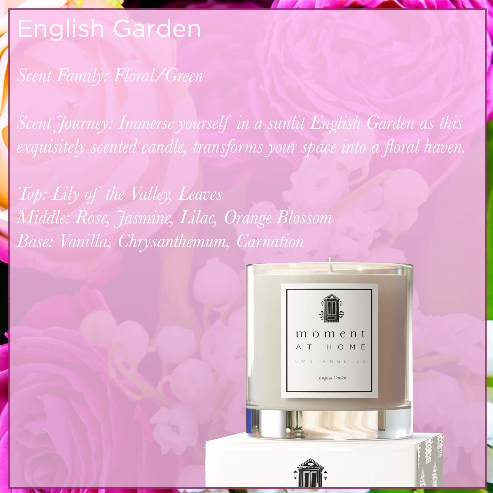The English Garden Scented Candle takes you on a floral scent journey with notes of lilies, rose & jasmine.