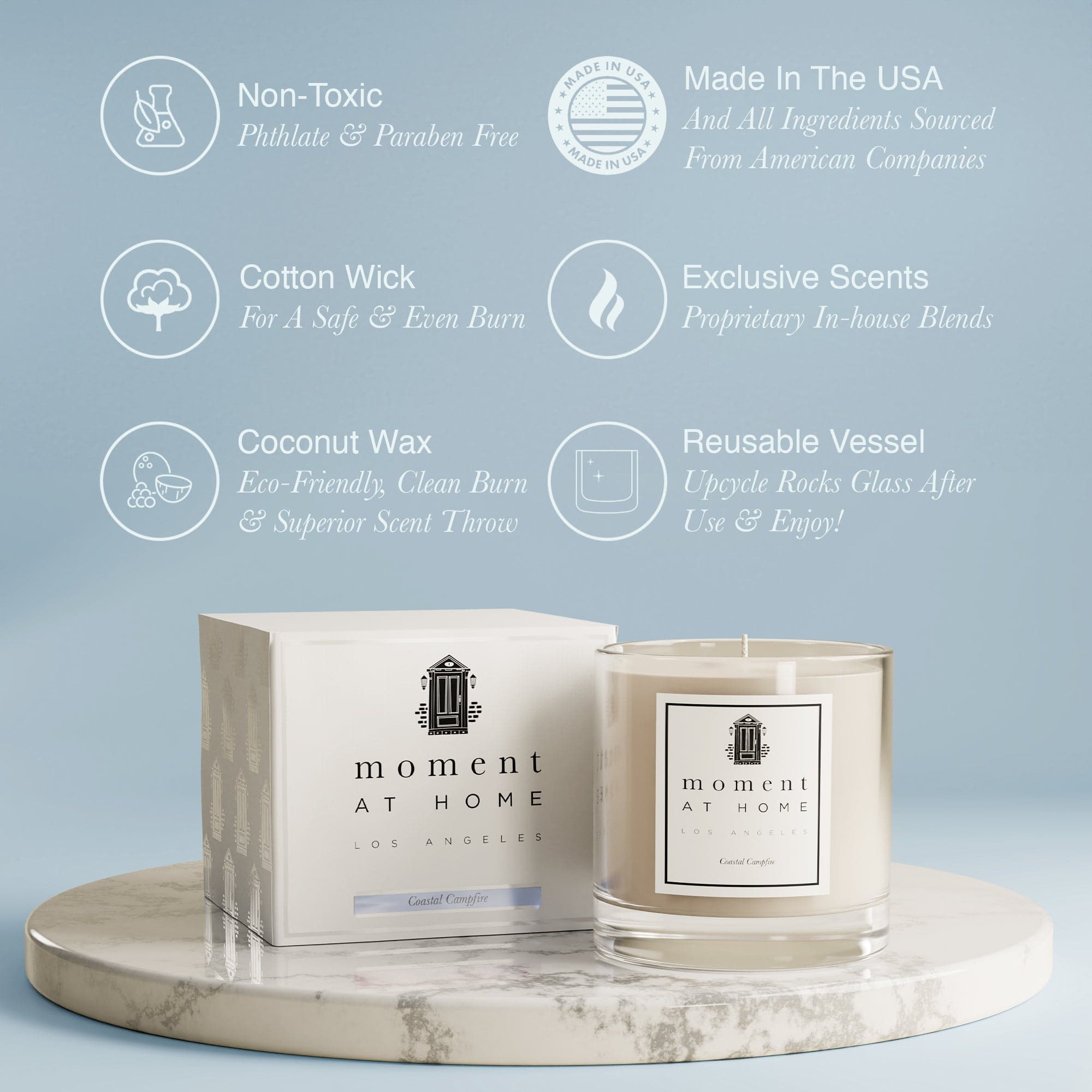 Moment At Home Candles are Made In The USA with Coconut Wax, are non-toxic and safe to burn at home. 