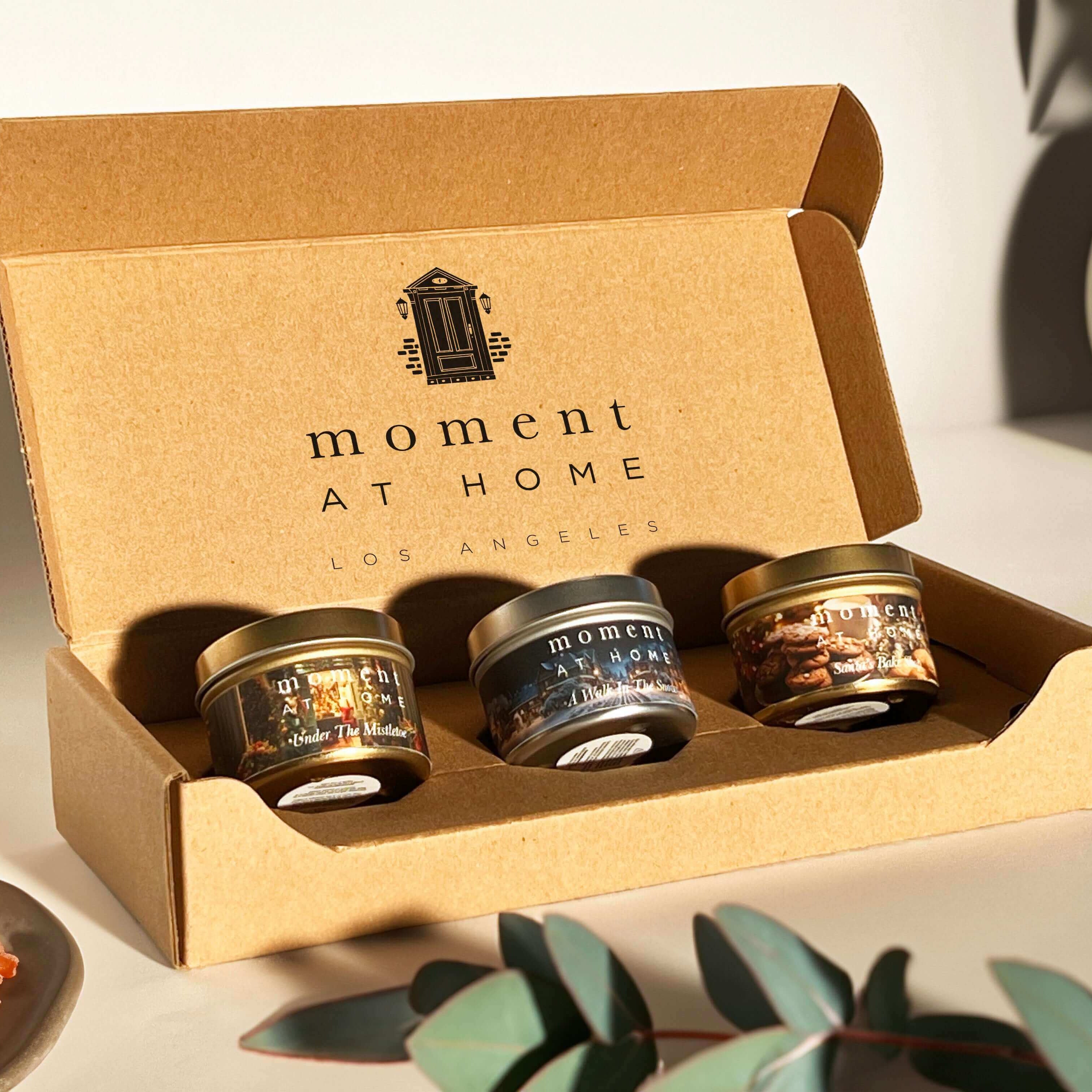 Moment At Home three piece travel tin discovery candle set. 