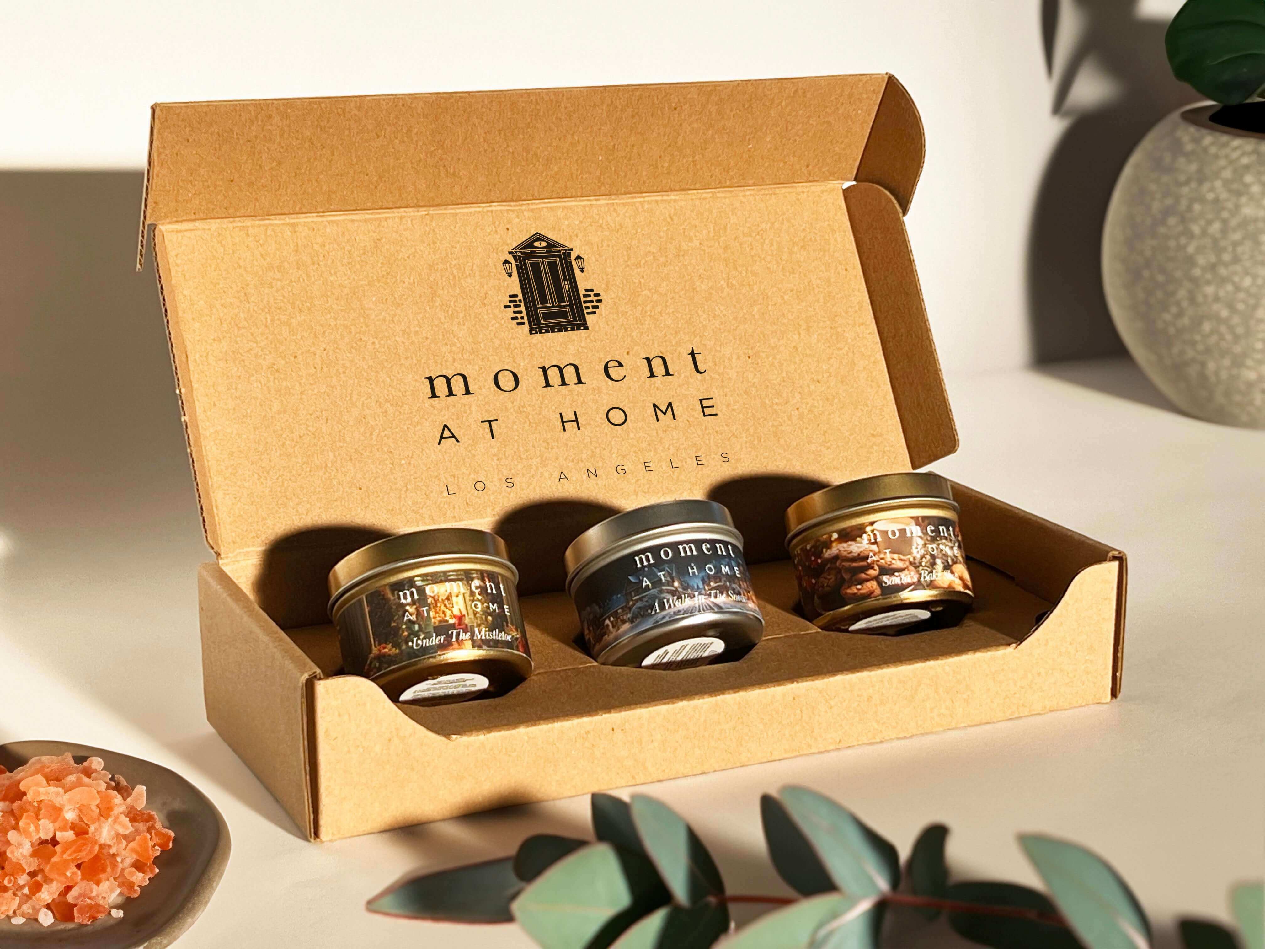 Moment At Home three piece travel tin discovery candle set. 