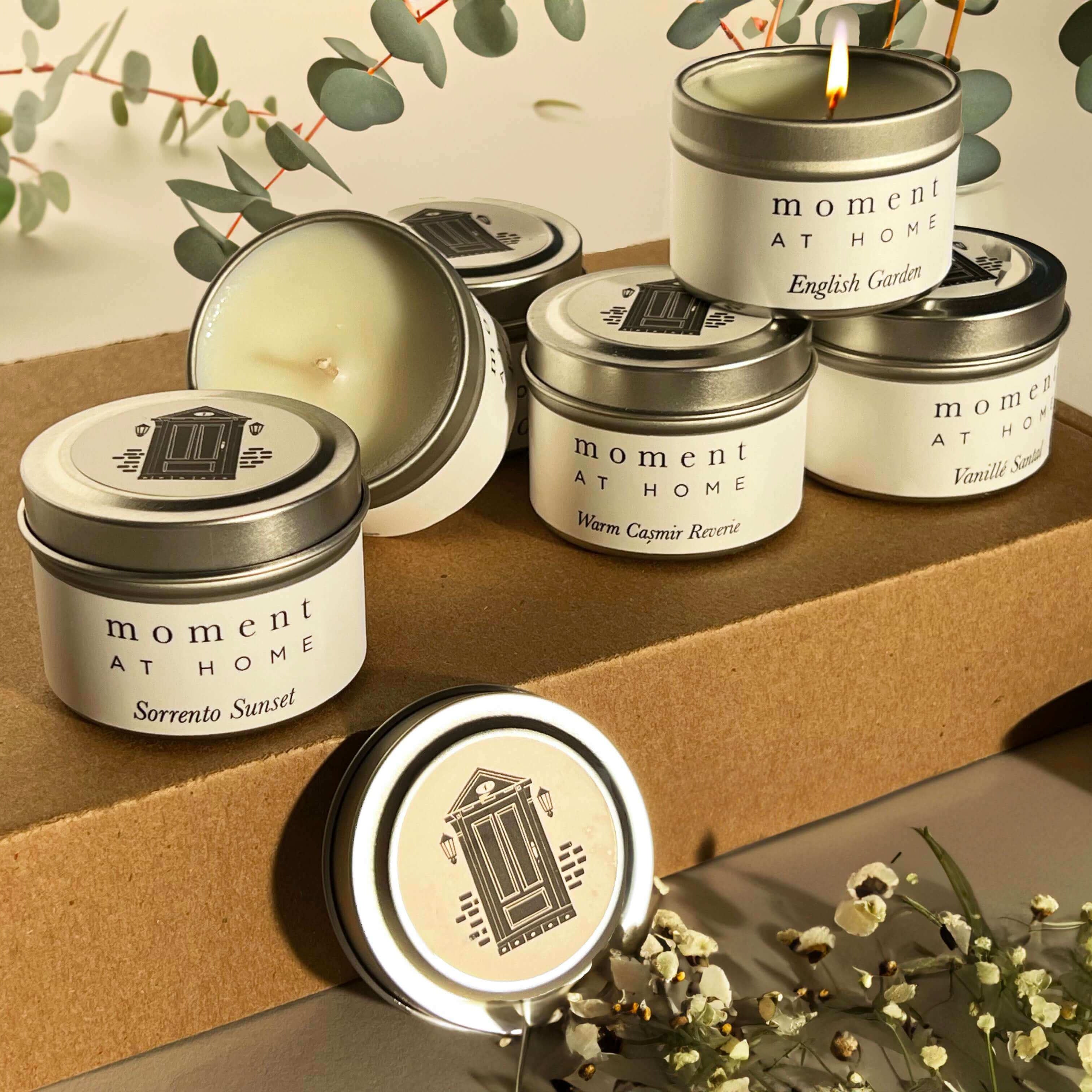 Moment At Home six piece travel tin discovery candle set.